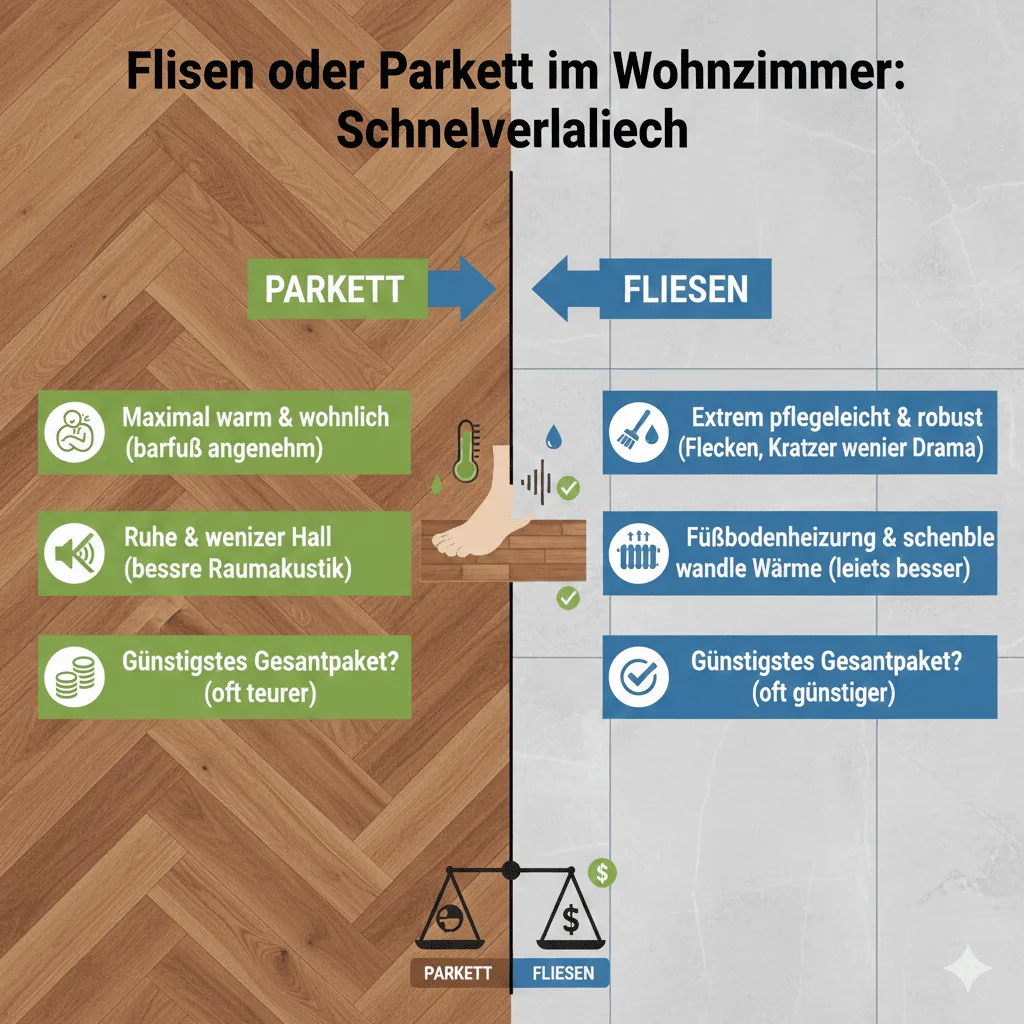 Fliesen oder Parkett im Wohnzimmer – Schnellvergleich