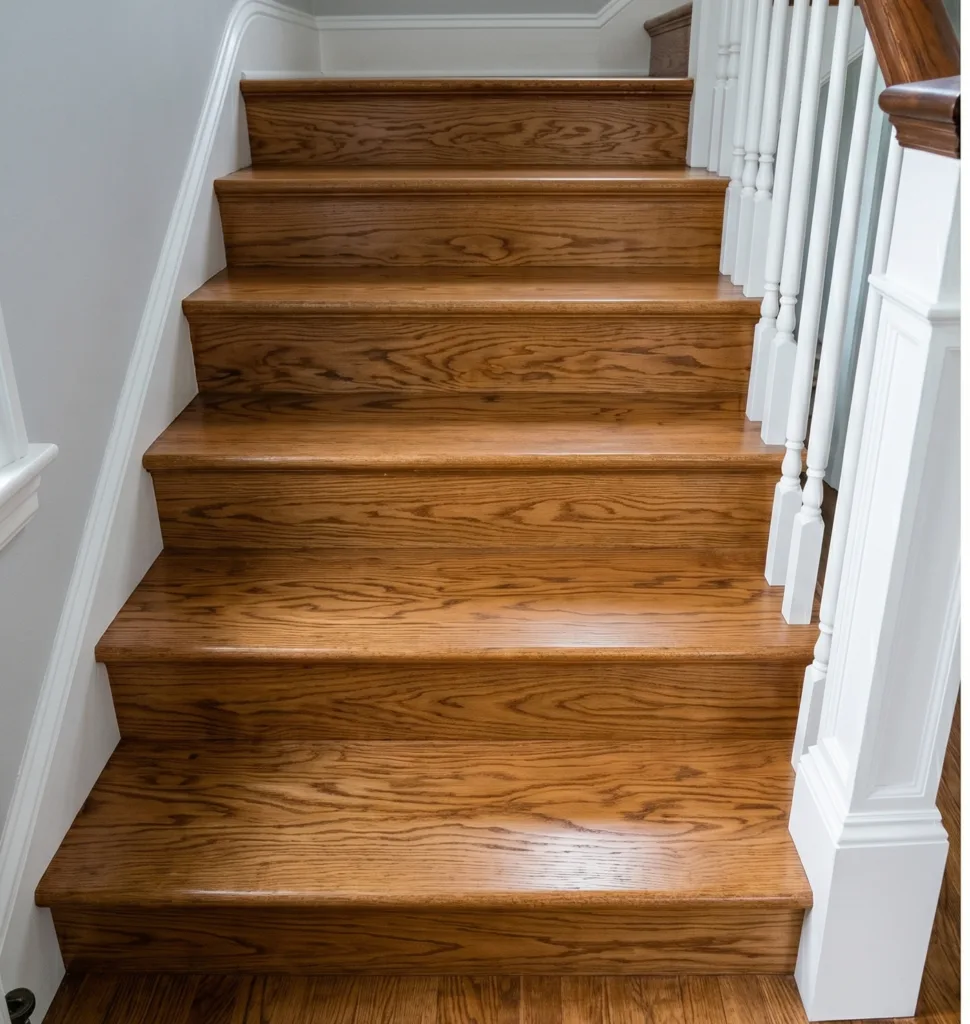 Geschlossene Treppe mit Parkett auf Trittstufe und Setzstufe.