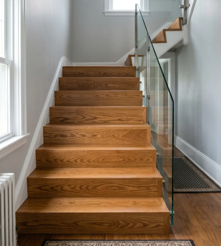 Moderne Treppe mit durchlaufender Holzmaserung an Tritt- und Setzstufen - Meinboden+