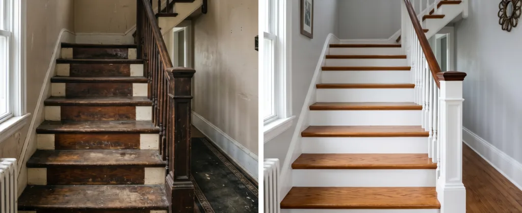 Vorher-nachher-Vergleich einer Holztreppe mit neu belegten Trittstufen